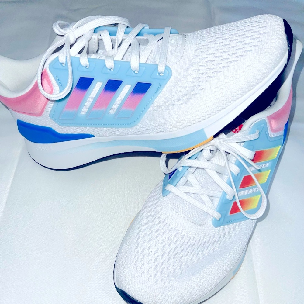 White/multicolored new Adidas women’s sneakers for sale.